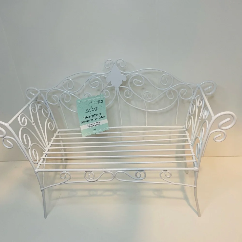 White Metal Scrollwork Bench, Home Decor, Spring Tabletop decor